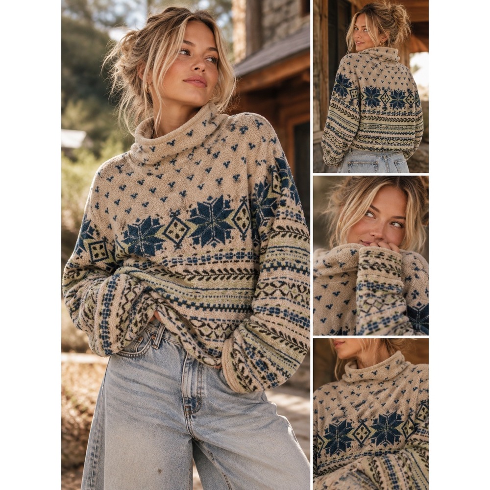 LL Bean Fleece Pullover Womens Medium Tan Fair Isle Nordic Mock Neck Sweater